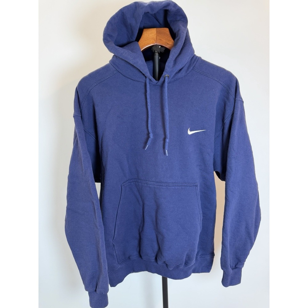 Vintage 90s Nike Embroidered Swoosh Made In USA Check Navy Blue Hoodie Size M